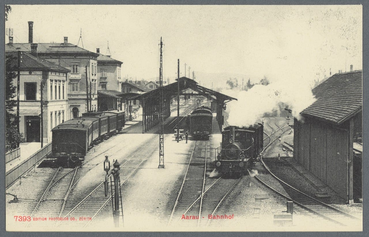 Aarau-Bahnhof-Schweizerische-Centralbahn-SCB-Eisenbahnstrecke-Olten-Emmenbruecke-Schweiz-Eidgenossenschaft-Kritisches-Netzwerk-Verkehrsknoten-Nordostbahn