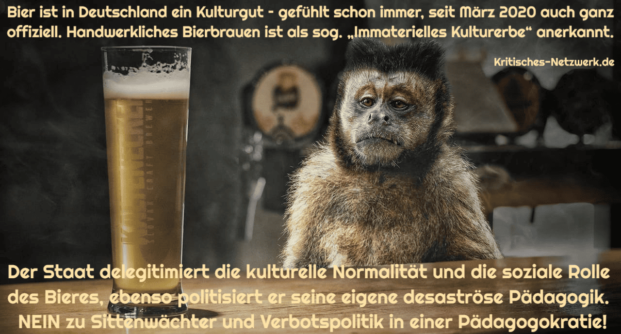 Affe_Bier_Biertrinken_Biergenuss_Bierkonsum_Alkohol_Alkoholkonsum_Alkoholregeln_Alkoholtrinken_Alkoholverbot_Genussmuendigkeit_immaterielles_Kulturerbe_Kulturgut_Paedagogokratie_Kritisches-Netzwerk