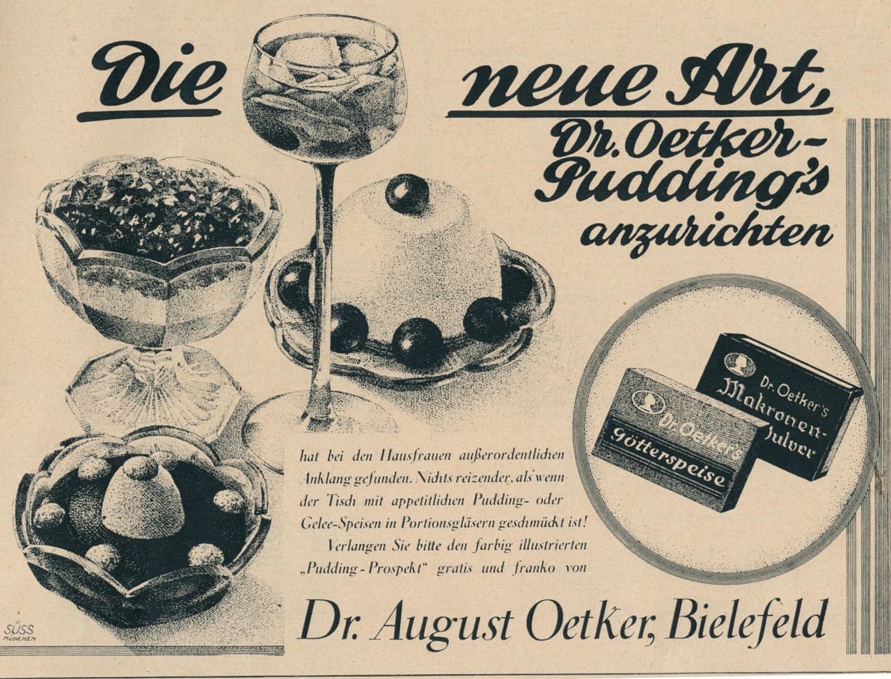 Oetker-Pudding-Puddingspeisen-Hausfrauenberatung-Seelenwaermer-Cremepudding-Backpulver-Nationalsozialistischer-Musterbetrieb-Kritisches-Netzwerk-Goetterspeise