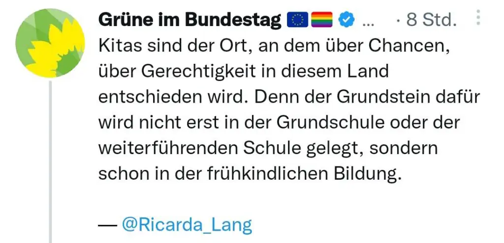 Tweet_Twitter_Ricarda_Lang_fruehkindliche_Bildung_Erziehung_Kitas_Kindertagesstaetten_Grundstein_Regenbogenideologie_Kinderabrichtung_Genderwahn_Kritisches-Netzwerk